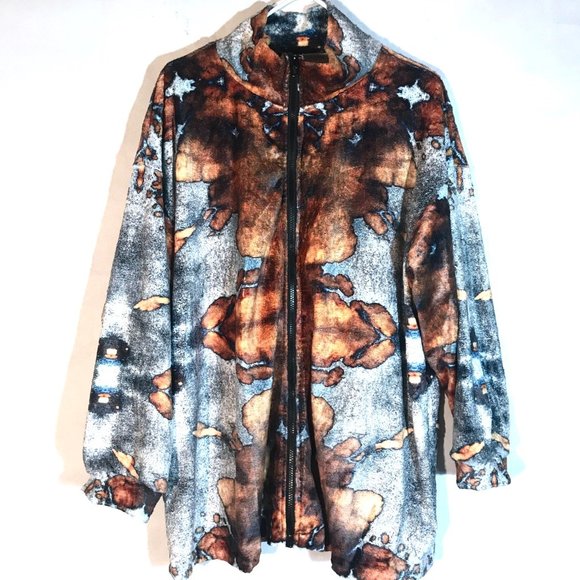 Tie Dye Silver Brown Zip Up Fleece Soft Velour Jacket Synchilla Size Extra Large - Picture 6 of 13